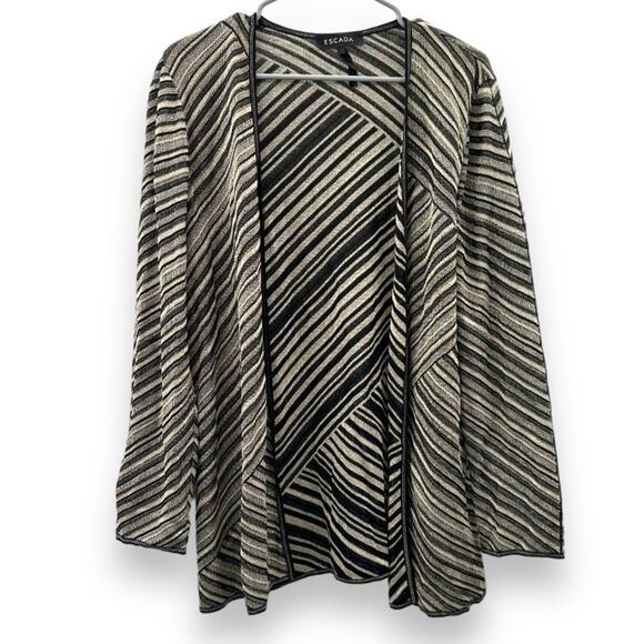 Escada Cream & Black Striped Open Knit 3/4 Sleeve‎ Sweater Cardigan Size 44 - Picture 1 of 7